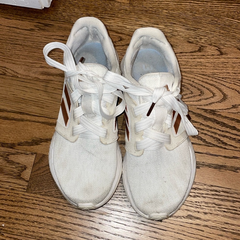 Adidas, white and gold athletic shoe